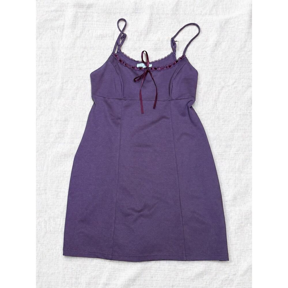 LA Hearts Lace Trim Ribbon Tie Mini Dress Purple Spaghetti Strap Size M - Picture 2 of 5